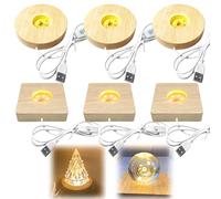 6 zócalos de madera LED, 3 redondos + 3 rectángulos, iluminación de madera ajustable, base de luz LED de madera, 3 colores, soporte para luces LED USB, para bolas de cristal, joyas, acrílico y resina