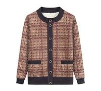 60-70 Años Chaqueta De Punto Para Damas Mayores De Mediana Edad, Cuello Redondo A Cuadros Rojos Cárdigan De Manga Larga Con Un Solo Pecho, Chaqueta De Punto De Gran Tamaño Para Otoño E Invierno,