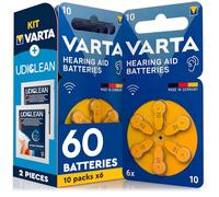 60 Baterías para Aparatos Auditivos Medida 10 Amarillas y 2 Toallitas Udiclean - Pilas PR70 Varta Zinc Aire Tensión Estable Larga Duración a Prueba de Pérdidas Made in Germany - 10 Blíster de 6 Pilas