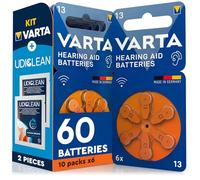 60 Baterías para Aparatos Auditivos Medida 13 Naranjas y 2 Toallitas Udiclean - Pilas PR48 Varta Zinc Aire Tensión Estable Larga Duración a Prueba de Pérdidas Made in Germany - 10 Blíster de 6 Pilas