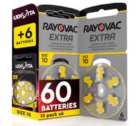 60 Baterías para Audífonos Rayovac Tamaño 10 Suond Fusion + 6 Udivita