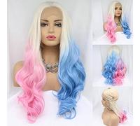60 Blonde Ombre Half Pink/Blue Lace Front Pelucas para mujer Harley Quinn Peluca Cosplay Blonde Ombre Sintético Natural Look Ondulado Ombre Drag Queen Pelucas