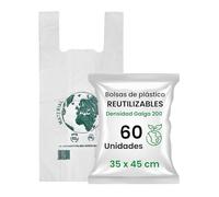60 Bolsas de Plástico Tipo Camiseta | Bolsas Reutilizables y de Alta Resistencia | Bolsa Plástico Transparente Para Alimentos y Envíos, Con Asas Cómodas | 70% Material Reciclado Galga 200 (35 x 45)