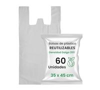 60 Bolsas de Plástico Tipo Camiseta Resistentes y Reutilizables | Bolsa Blanca Con Asas Para Alimentos y Compras | 70% Material Reciclado, Apta Para Uso Alimentario | 35 x 45 cm, 800 g |Galga 200