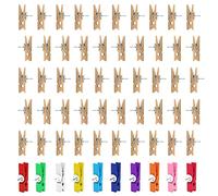 60 chinchetas con clips de madera, 50 clips de color de madera, 10 clips de color con chinchetas para pared de exhibición, fotos de clavos y abrazaderas, adecuado para oficina, escuela, hogar