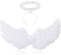 60 cm alas de ángel blancas con aureola, alas de plumas, disfraz de ángel para mujer y niña, disfraz de fiesta de disfraces