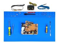 60 cm x 35 cm Alfombra de soldadura resistente a 932 °F (500 °C) Gran alfombra de reparación con correa y accesorios de puesta a tierra para electrónica, teléfono, ordenador portátil (azul)