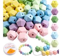 60 cuentas de madera de colores y 4 m de cordón de nailon, 6 colores, cuentas geométricas de madera con agujero de 3,6 mm, bolas de madera grandes de 16 mm, para la fabricación de joyas DIY.