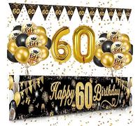 60 Cumpleaños Globos Decoracion, Oro Negro Pancartas Happy 60th Birthday Globos Número 60, Globos de Oro Negro, Globos de Confeti, Fuegos Artificiales, Bandera Triangular