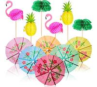 60 Decoraciones de Cóctel, Incluye Toppers para Cupcakes de Piña Flamenco 3D, Palos de Paraguas de Papel de Colores Mezclados para Bebidas, Toppers de Frutas Tropicales de Panal de Palmera