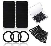 60 Gomas Negras de Algodón sin Costuras de Pelo y 60 Pasadores Negros de Pelo Pinzas de Cabello Horquillas con Caja para Cabello Grueso Pesado Rizado, Soporte de Cola de Caballo sin Metal