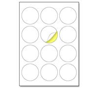 60 mm, 25 hojas, A4 Etiqueta Adhesiva Redonda Blanca Pegatina - 12 etiquetas por hoja