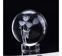 60 mm 3D Bola de cristal grabada con láser Flor en miniatura Globo Esfera de vidrio Decoración del hogar Adorno de regalo del día de San Valentín-Con base de cristal