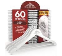 60 Perchas de Madera Blancas para Ropa Camisas Chaquetas 22x45cm RealGruccia - Barra para Pantalones Gancho Giratorio 360° y Ranuras Antideslizantes para Hombros - Perfil Biselado y Acabado Liso