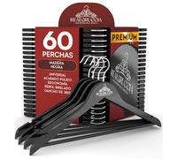 60 Perchas de Madera Negras para Ropa Camisas Chaquetas 22x45cm RealGruccia - Barra para Pantalones Gancho Giratorio 360° y Ranuras Antideslizantes para Hombros - Perfil Biselado y Acabado Liso
