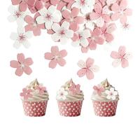 60 Piezas de Flores Comestibles para Cupcakes, Adornos de Flor de Cerezo para Tartas, Adornos Decorativos de Papel de Arroz Glutinoso (Rosa y Blanco)