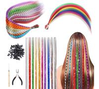 60 Piezas Kits Extensiones de Pelo Colores Sintetico Extensiones de Plumas para el Pelo Brillantes Para el Pelo Sintético Mechas Pelo Postizo Extensiones con 100Pcs Cuentas, 1Pc Alicates y Gancho