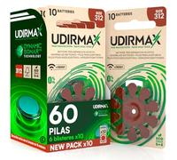 60 Pilas para Audífonos PR41 Marrones Tamaño 312 Udirmax Batteries Zinc-Aire con Tecnología Dynamic Sonar Libres de Mercurio 1.45V Formato Eco Pack 6 Blísters Ecológicos de 10 Pila