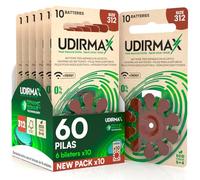 60 Pilas para Audífonos PR41 Tamaño 312 (Marrones) Udirmax Zinc-Aire 0% Mercurio 1,45V con Tecnología Dynamic Sonar Eco Pack - 6 Blísteres Ecológicos de 10 Pilas
