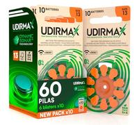 60 Pilas para Audífonos PR48 Naranjas Tamaño 13 Udirmax Batteries Zinc-Aire con Tecnología Dynamic Sonar Libres de Mercurio 1.45V Formato Eco Pack 6 Blísters Ecológicos de 10 Pila