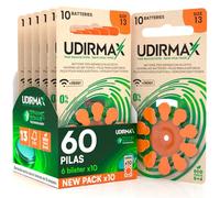 60 Pilas para Audífonos PR48 Tamaño 13 Naranjas - Udirmax Zinc-Aire 1,45V Sin Mercurio con Tecnología Dynamic Sonar - Eco Pack 6 Blísteres Ecológicos de 10 Pilas