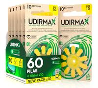 60 Pilas para Audífonos PR70 Tamaño 10 Amarillas - Udirmax Zinc-Aire 1,45V Sin Mercurio con Tecnología Dynamic Sonar - Eco Pack 6 Blísteres Ecológicos de 10 Pilas