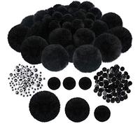 60 Pompones Negros Pompones de Manualidades, Incluyen 20 mm/ 38 mm/ 50 mm, 120 Ojos Móviles y 60 Pares de Puntos Adhesivos para Manualidades Vacaciones