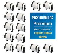 60 Rollos de Etiquetas DK22205 compatible con Brother QL - Cinta Continua de Papel Térmico 62mm x 30.48m, para Impresoras QL-500 550 570 700 710W 720NW 800 810W 820NW