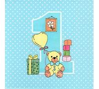 60 servilletas de primer cumpleaños para niño - Teddy azul | Servilletas de papel para baby shower 33 x 33 cm, 3 capas, certificado FSC, fabricadas en la UE, decoración para primera fiesta de