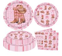 60 unidades de platos con motivos de vaqueras occidentales, decoraciones de vaqueras, lazos, botas de rodeo y servilletas para una fiesta con temática de lazos rosas. Suficientes para 20 personas.
