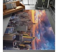 60 x 90 cm Alfombra Lavable para Niños, Antideslizante Pelo Corto Arquitectura Nueva York Paisaje Atardecer Estampado Moderno Alfombra para Dormitorio, Juego Decoración, Naranja