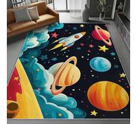 60 x 90 cm Alfombra Lavable para Niños, Antideslizante Pelo Corto Cielo De Dibujos Animados Planetas Estampado Moderno Alfombra para Dormitorio, Juego Decoración, Negro