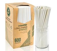 600 pajitas de papel blanco extralargas desechables, 26 x 0,6 cm, biodegradables y compostables, para bebidas grandes, restaurantes, bares