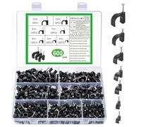 600 Piezas Grapas para Cables Redondo, Clips para Cables Negro, Abrazadera de Cable con Clavos de Acero,Grapas Cable Pared para Cable Gestión Canal de Cables, 4/5/6/7/8/10/12 mm
