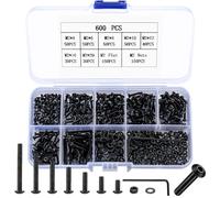 600 Piezas M2 Tornillos de Cabeza de Botón Hexagonal y Tuercas con Arandelas Set - Pequeños Roscados Negros