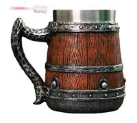 600ml Wooden Barrel Stainless Steel Beer Mug,Retro Handmade Medieval Cocktail Mug with Handles,Double Wall Thermal Bucket Shaped Coffee Stein for Men Home Bar Party Use
