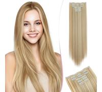60cm SEGO Extensiones de Clip 6 PCS Pelo Sintético Se Ve Natural #24H613 Rubio Ceniza con Blanqueador Rubio Cabello Postizo Invisible Liso para Mujer (140g)