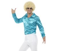 60s 70s Disco Camisa Satén Azul Discoteca Retro Baile Disfraz Hombre