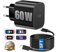 60W Switch 2 Fuente de alimentación, USB-C Quick Charger Reemplazo Switch 2 AC Adaptador con GaN Tech para Nintendo/OLED/Lite/Steam Deck/Rog Ally, soporta modo TV 4K, para tabletas/portátiles/móviles