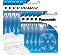 60x Pilas para audífonos Panasonic PR675 azul (10x blister de 6) + caja de tr...