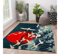 60x90cm Alfombra Grullas Japonesas Sol Rojo Olas del Océano | Alfombra oriental antideslizante Ukiyo-e estilo lavable de pelo bajo para salón y oficina