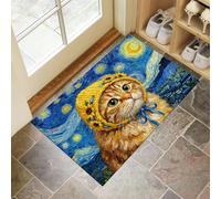 60X90Cm Felpudo Entrada Interior Antideslizante Pintura Óleo Cielo Estrellado Retro,Gato Sombrero Girasol Alfombra De Microfibra Suave Lavable Con Base De Goma Para Cocina Puerta Mascotas,Azul Marino