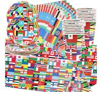61 PcsG Vajilla para fiestas con banderas internacionales, decoraciones para fiestas de cumpleaños infantiles, incluye vasos, platos, servilletas, mantel, capacidad para 20 invitados