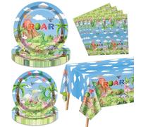 61 piezas de decoraciones de cumpleaños de dinosaurios, incluyendo platos de dinosaurio, servilletas, mantel de dinosaurio, decoraciones de fiesta para niños y niños, suministros de cumpleaños de