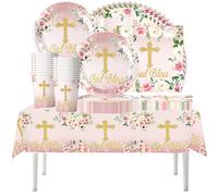 61 piezas Juego de vajilla floral para comunión, artículos para fiesta de bautizo de recién nacido, fiesta de comunión, vasos, platos, servilletas, mantel, para 20 comensales