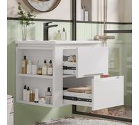 61 x 46 x 48,5 cm armario de baño colgante de pared, lacado completo, iluminación LED con sensor de radar, dos cajones, rieles deslizantes silenciosos, dos estantes laterales, lavabo, lavabo integrado
