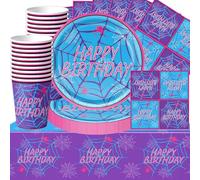 61pcs Azul Violeta Telaraña Decoración de Fiesta Tema de Araña Niño Chica Has Cumpleaños Decoración de Fiesta de Cumpleaños Niños Plato de Papel Toallas Taza Mantel (20 Invitados)