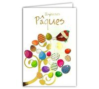 62-1024 - Tarjeta feliz Pascua de oro dorado brillante con sobres de 12 x 17,5 cm, ilustración de huevos de pájaros coloridos árbol de la vida, fiesta de primavera, creación de impresión fabricación