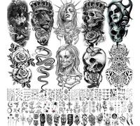 62 hojas de tatuajes temporales de Halloween para mujer y hombre, lobo, león, esqueleto, brazo, 3D, realistas, adhesivos, pegatinas para adultos, calavera, vampiro, tatuaje falso para pegar serpiente