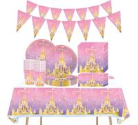 62 Piezas Vajilla de Fiesta de Cumpleaños Castillo de Princesa Rosa, Vajilla de Cumpleaños Infantil, Fiesta de Cumpleaños de Niña, Para 20 Personas